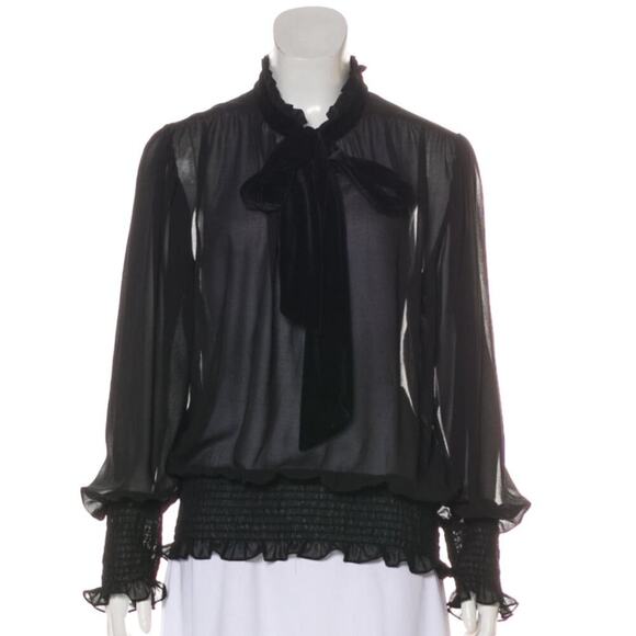 Elegant Misa Los Angeles Roial Top - Black Chiffon Blouse Tie Sash Velvet Large - Picture 3 of 9